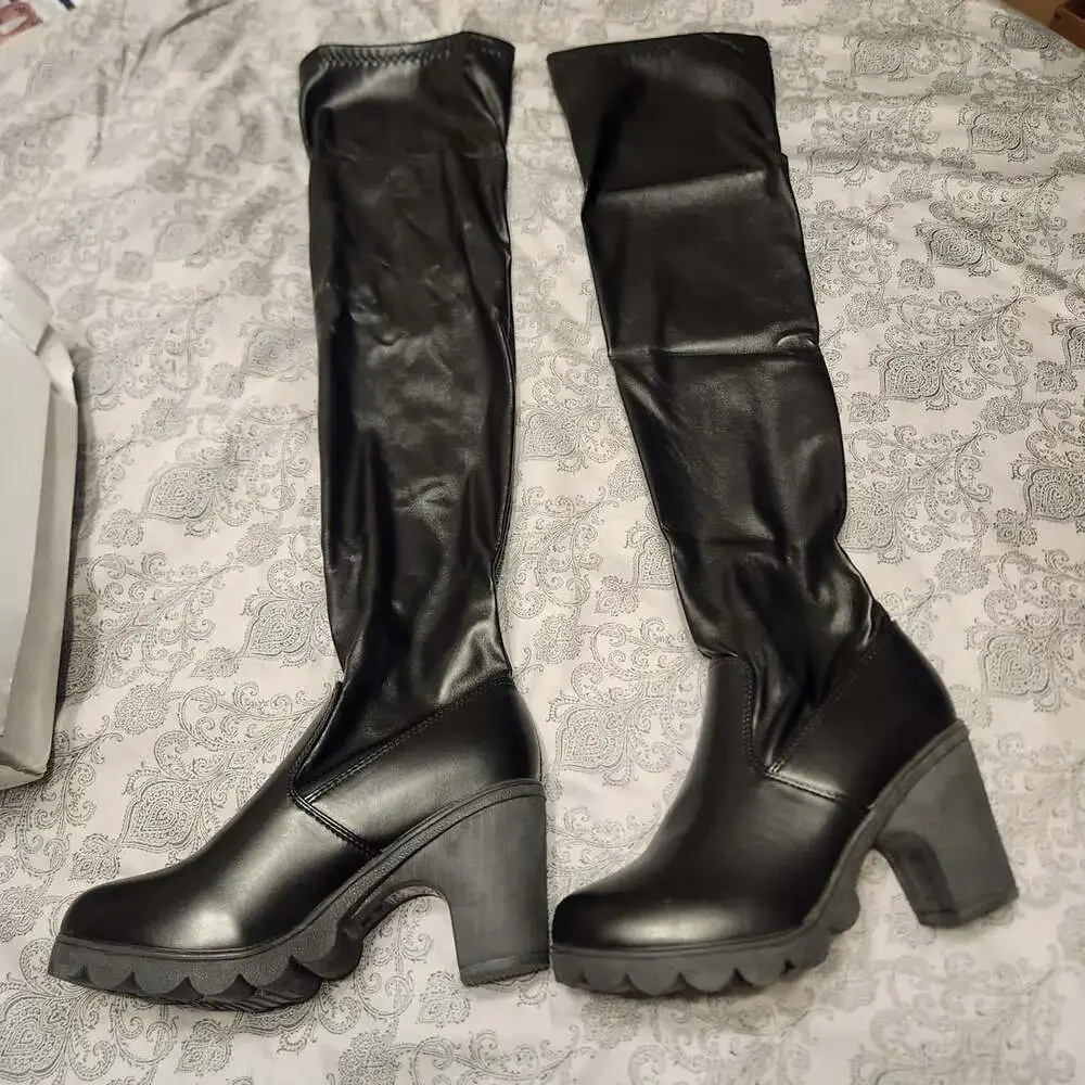 Women's Black PU Leather Over-the-Knee Chunky Block Heel Platform Boots